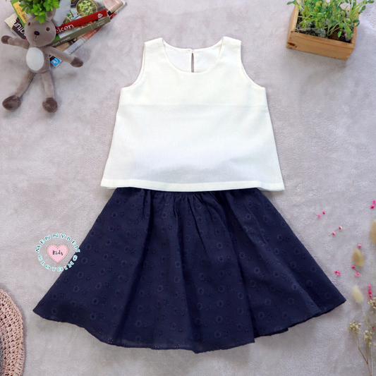 Stylish Eyelet Navy Balloon Skirt & Comfortable Cotton Top Set for Kids