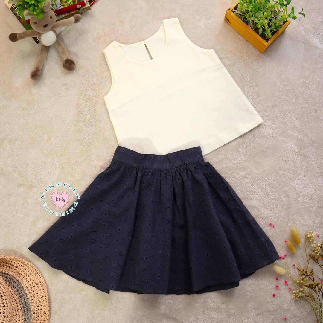 Stylish Eyelet Navy Balloon Skirt & Comfortable Cotton Top Set for Kids