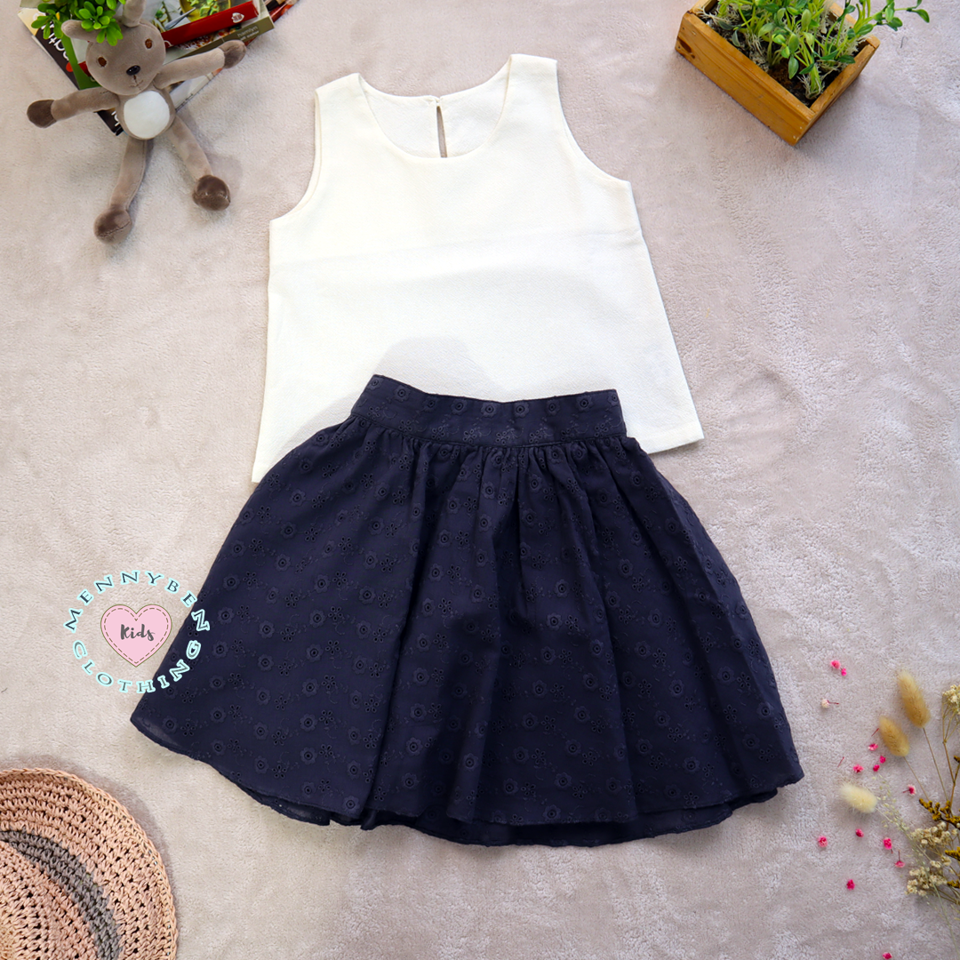 Stylish Eyelet Navy Balloon Skirt & Comfortable Cotton Top Set for Kids